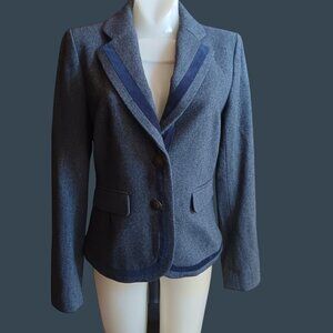 Ann Taylor Loft Womens Gray Blazer W/ Navy Trim Size 4 Button Front